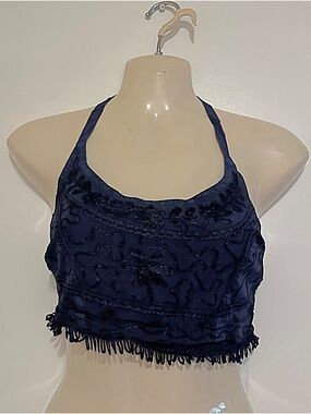 Navy Blue Beaded Halter Crop Top - Women